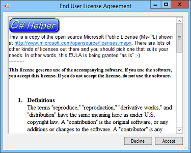 [Display an end user license agreement (EULA) in C#]