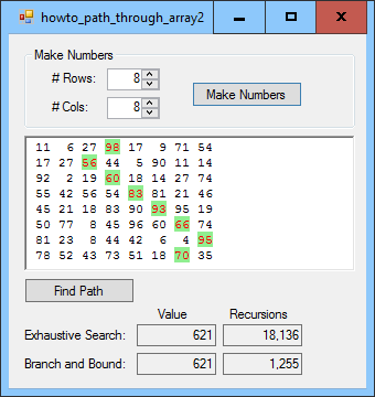 [Use branch and bound to find the highest value path through a two-dimensional array of numbers in C#]