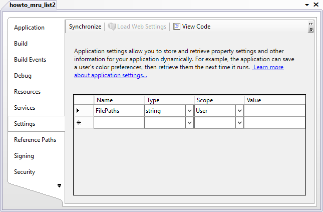 [Build an MRU list that uses project settings in C#]